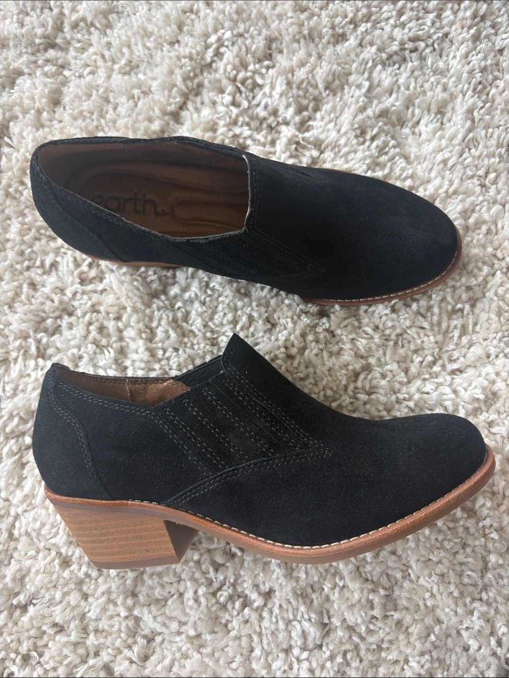 Earth Black Suede Low Block Heel Slip-On Booties for Women